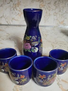 Japanese Katani Cobalt Blue Floral Porcelain Saki Set